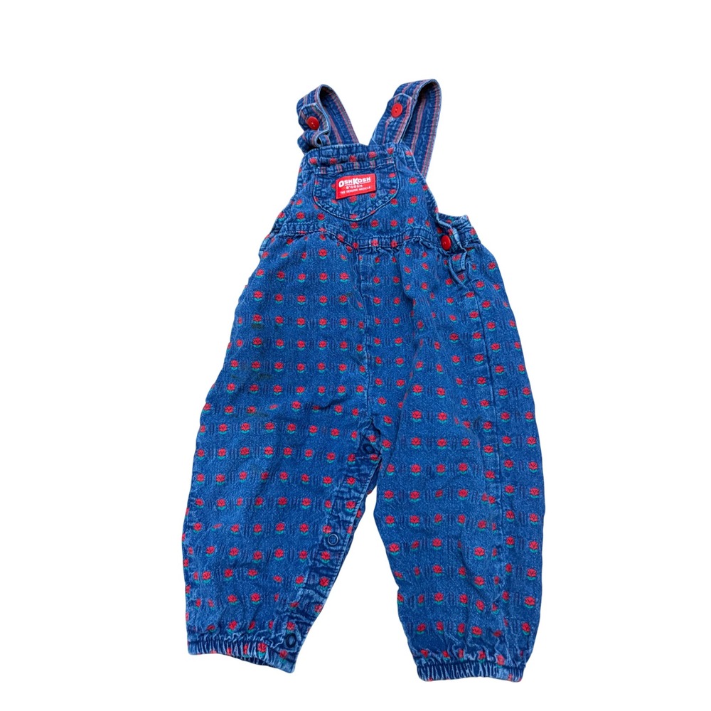 Vintage OshKosh B'gosh Kids Blue Denim Rose Overalls 24 Months Made in USA